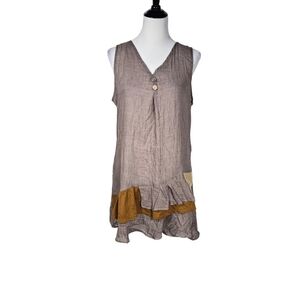 Mislook XL Sheer Brown Sleeveless Tunic with Mustard Ruffle Top Blouse